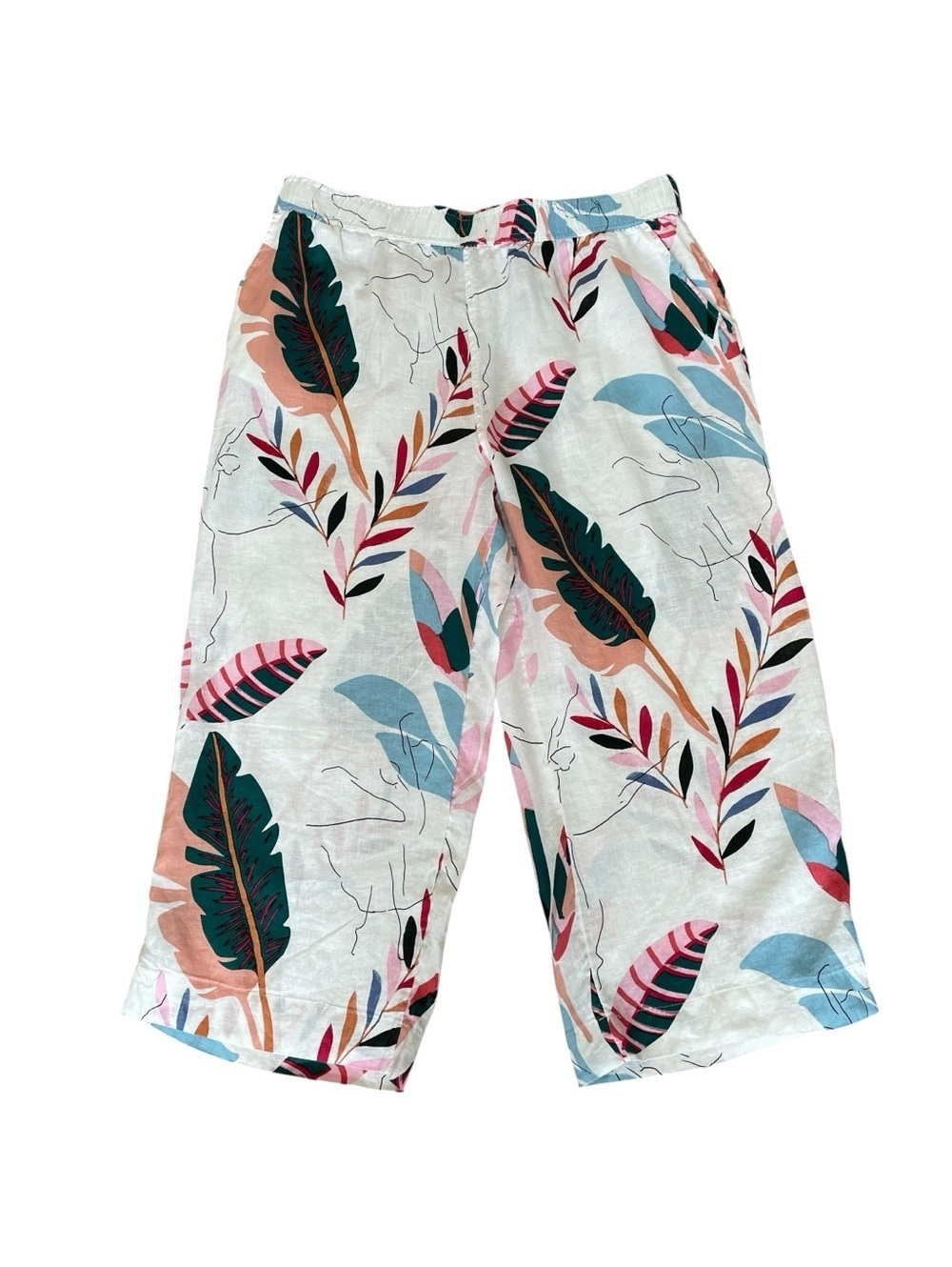Cynthia Rowley 100% Linen Tropical Print Wide Leg Cropped Pull On Pants Size 2X